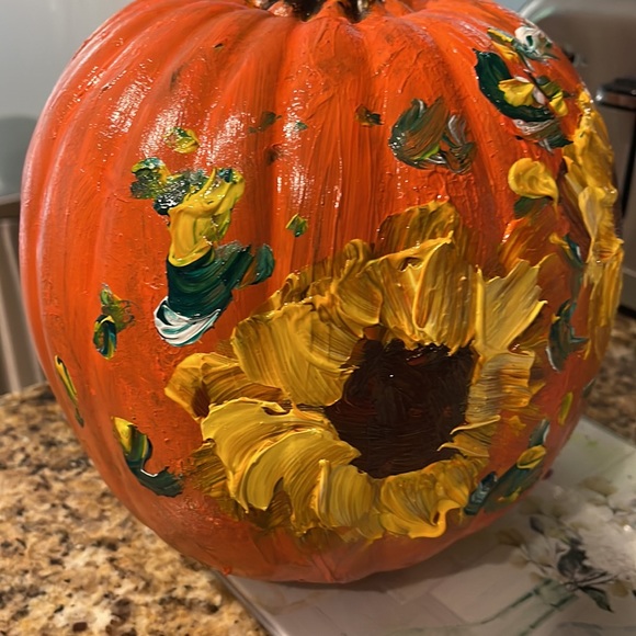 HAND PAINTED SUNFLOWERS ON A LARGE PLASTIC PUMPKIN - Picture 2 of 4